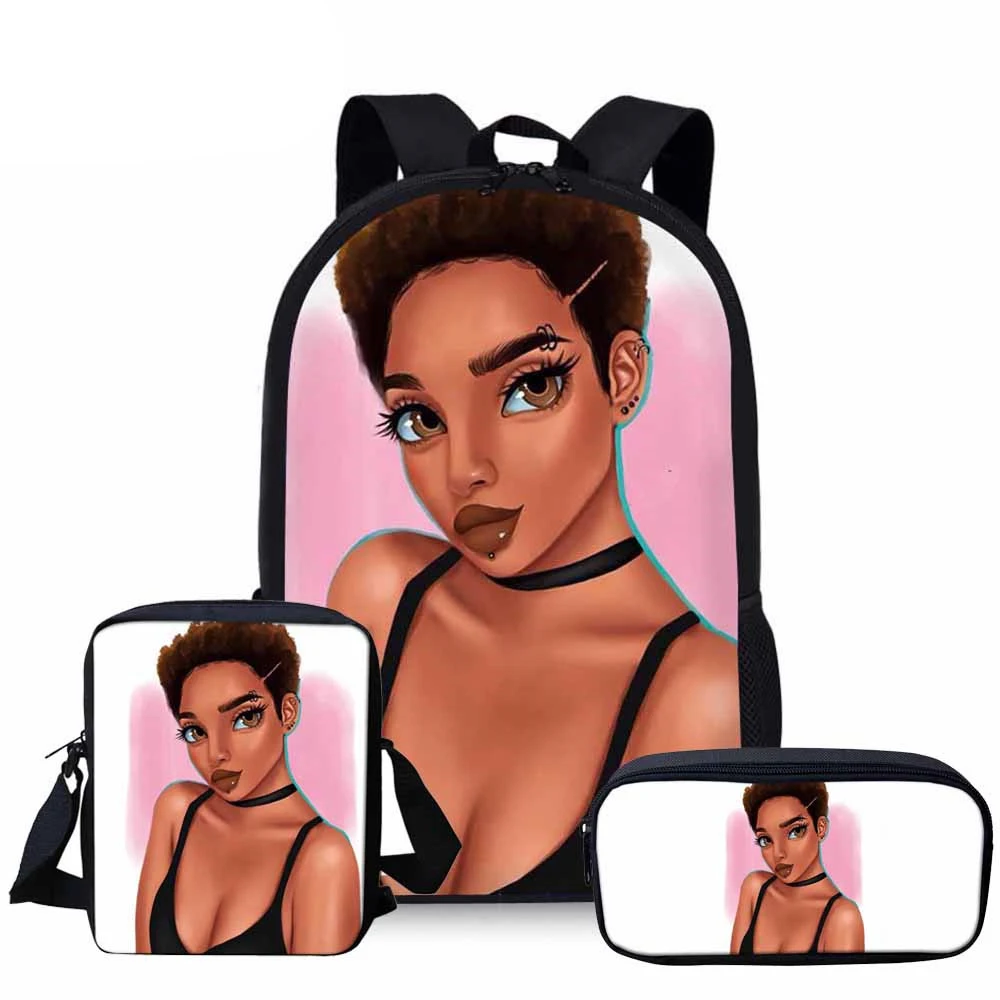 Cusotm Print Black Art Afro Lady Printing School Bags for Kids 3pcs School Bag Set Children African Girl Pattern School Backpack