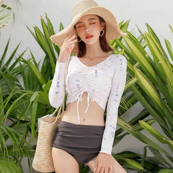 

Swimsuit Rash Guard Swimsuits Woman Long Sleeve Bathing Suit 2020 New Sexy Split Plaid Spandex Swimwear Women Surfing