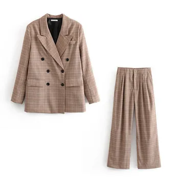 

Women pants suits retro loose casual plaid female suit two-piece double breasted blazer+ wide-leg pants брючный костюм женский