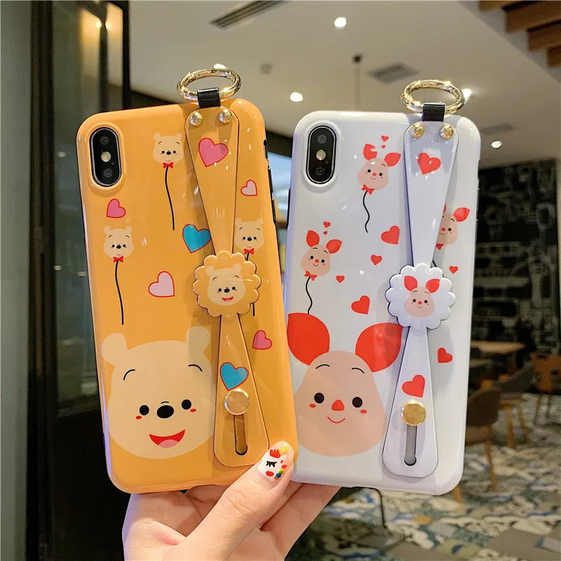 

Cute Winnie bear wrist strap phone case for iPhone X XR XS Max 7 8 Plus glossy cartoon Piglet pig wristband stand bracket cover