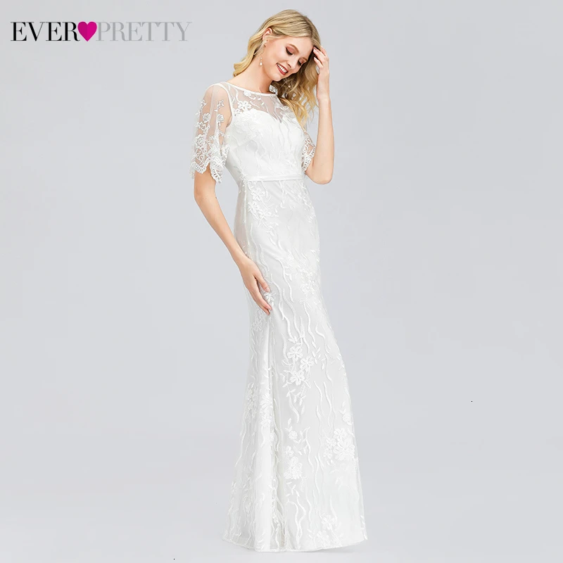 Иллюзия белые свадебные платья Ever Pretty Русалка o-образным вырезом Половина рукава элегантное кружевное свадебное платье для халат атласный De Mariee