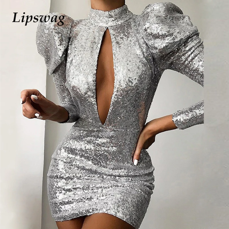

Sexy Hollow Out Glitter Sequin Dress Women 2019 Autumn Puff Long Sleeve Sparkling Club Party Dress Backless Slim Bodycon Dresses