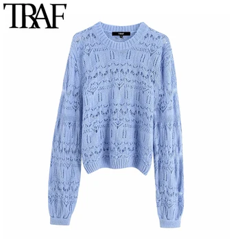 

TRAF Women Elegant Hollow Out Solid Knitted Sweater Women Vintage Fashion O Neck Long Sleeve Pullovers Chic Tops Pull Femme