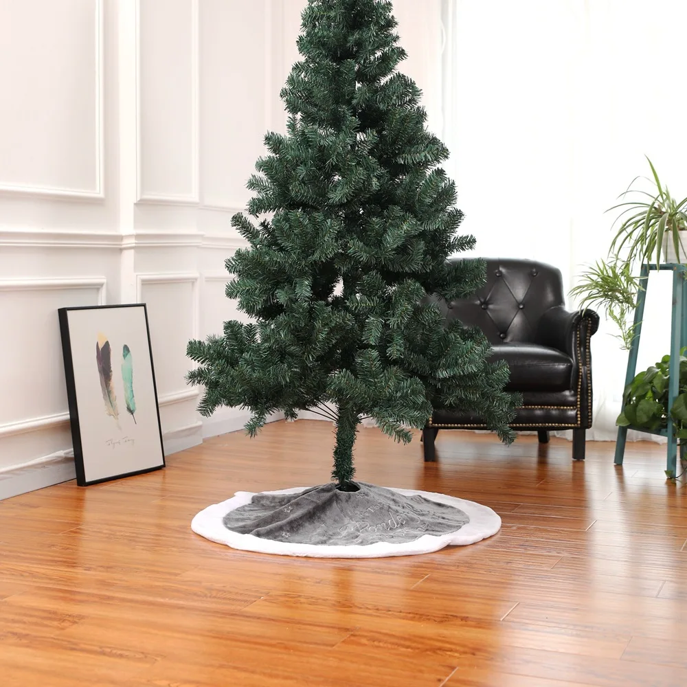 White Gray 90CM English Christmas Embroidered Tree Skirt Short Plush Home Mat Scene New Year Decoration Carpet