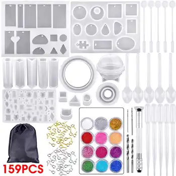 

55/129/159pcs DIY Silicone Casting Craft Pendant Resin Mold Mould Silicone Clear Jewelry Solid Molds Making Maker Tool with Bag