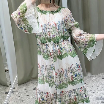 

Women Irregular Dress Elastic Waist Flower Printed Square Collar Three Quarter Sleeve Prairie Chic Long Dresses Summer Fashion