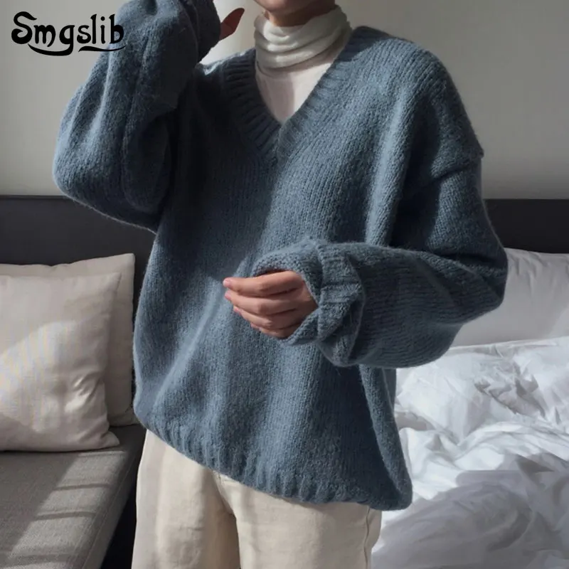 

2019 Autumn Winter Women sweaters tops INS elegant v-neck Korean Style Minimalist Casual office lady loose fashion pullovers