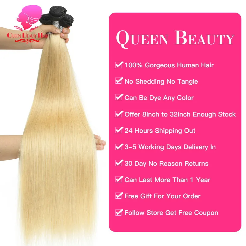 QUEEN BEAUTY 3 Bundles and Closure 2 Tone Dark Roots 1B/613 Ombre Blonde Brazilian Straight Bundles Remy Human Hair with Closure