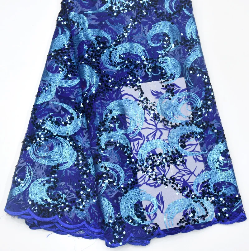 

Top Quality African embroidered Tulle Lace Fabric with sequins for party Royal blue