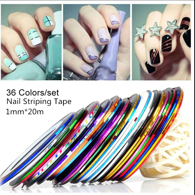 36Rolls 20 Meters/roll Laser Nail Striping Tape for Diy Gold Silver
