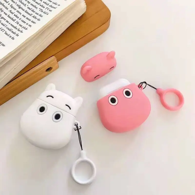 Cartoon Hippo Pattern Soft Silicone Protective Case Skin Protector with Lanyard for Airpods 1/2 Charging Box Accessories