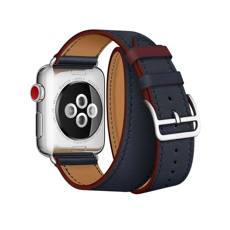 Подолом логотип Swift кожаный двойной один за туром ремешок для наручных часов Apple Watch Series 5 4 3 2 1 44/40 мм 42 38 мм и нержавеющая сталь металлический корпус для наручных часов iWatch, браслет - Цвет ремешка: Blue Red