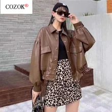 

Autumn and Winter Fashion Women's Motorcycle Leather Jacket Short Jacket Retro Loose BF Hem Adjustable Jacket Short Jacket