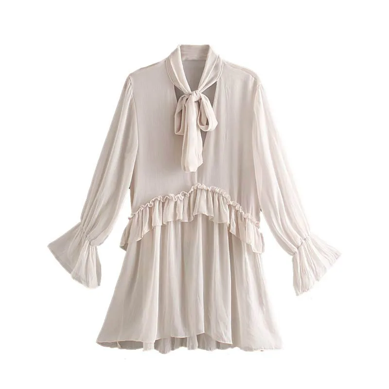 

New Women Long Sleeve Shirts Chic Solid Bow Tie Collar Ruffles Women Shirts Sweet See Through Women Tops and Blouses