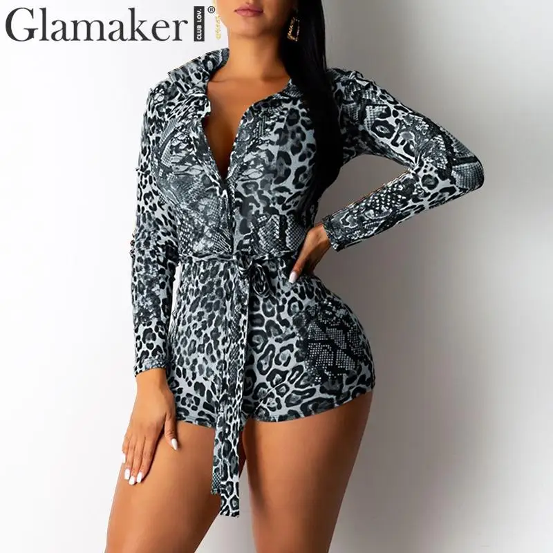 Glamaker, Леопардовый принт, длинный рукав, сексуальный Облегающий комбинезон для женщин, Осенние, вечерние, бандажный пояс, комбинезон, зимний женский костюм