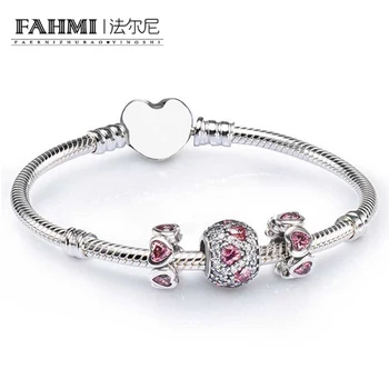 

2020 100% 925 Sterling Silver SALE - PINK HEART PAVE BALL CHARM BRACELET SET fit DIY Original charm Bracelets jewelry A Set
