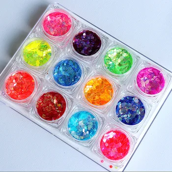 

12-color 12 Jars highlight magic color nail sequins fluorescent Nail art Glitter multi-color hexagonal mixed glitter sequins