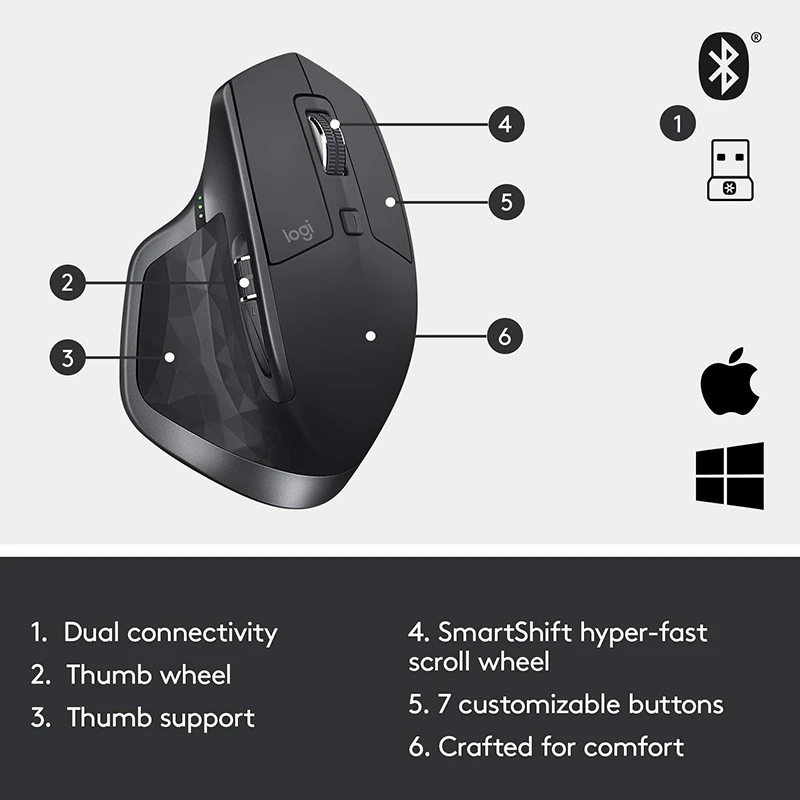 Беспроводная мышь logitech MX Master 2 S, игровая мышь с Bluetooth, Офисная мышь с беспроводной 2,4 Гц, 7 кнопок, двойной режим, 4000 dpi, Черная