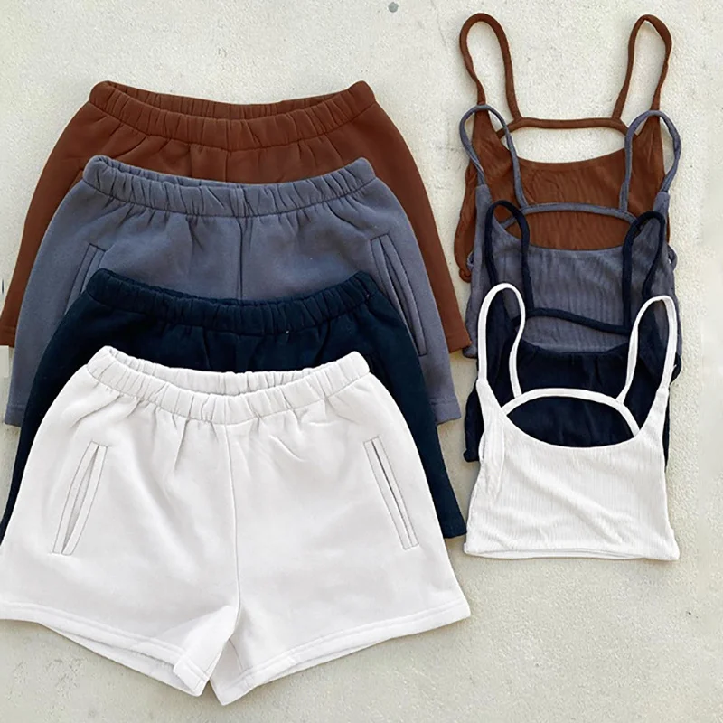 

2021 Crop Top New Casual Drawstring Shorts Matching Set Solid Sportswear Two Piece Sets Women's Summer Sexy Athleisure Outfits