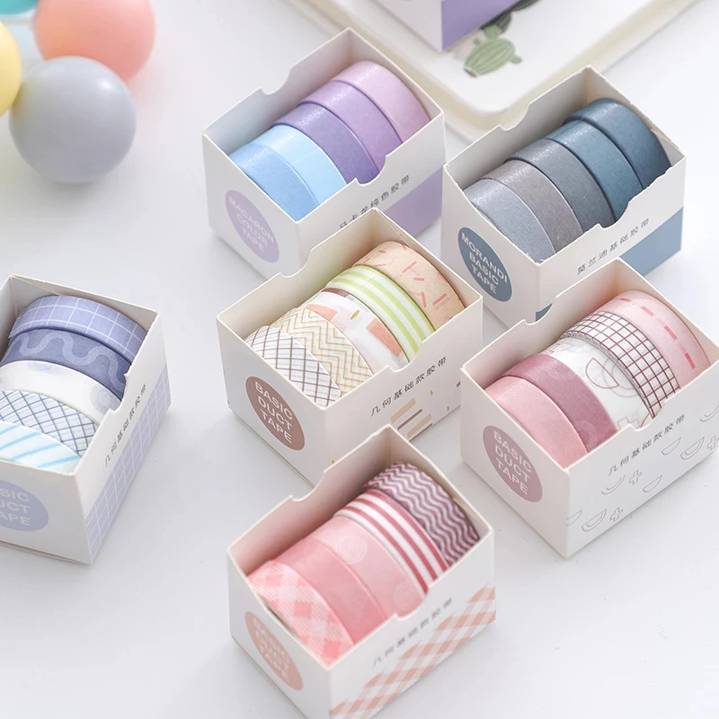 5Rolls/Set KawaiI Geometry Solid Color Washi Tape Decorative Masking Cute Scrapbooking Adhesive Office School Stationery Supplie |