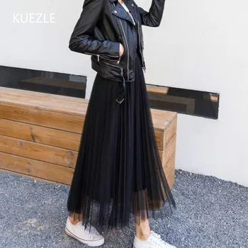 

Elegant 2019 Spring Summer Vintage Skirts Womens Elastic High Waist Tulle Mesh Skirt Long Pleated Tutu Skirt Female Jupe Longue