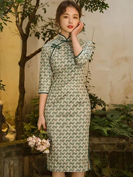 

Chinese style retro young girl long-sleeve modified version of cheongsam dress 2020 new daily MIDI skirt women