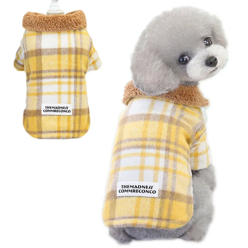 

Plaid Dog Winter Clothes Long Sleeve Warm Cat Coat Fleece Lapel Woolen Cloth Pet Outfit Clothing Yellow/Blue Pets Apparel Poodle