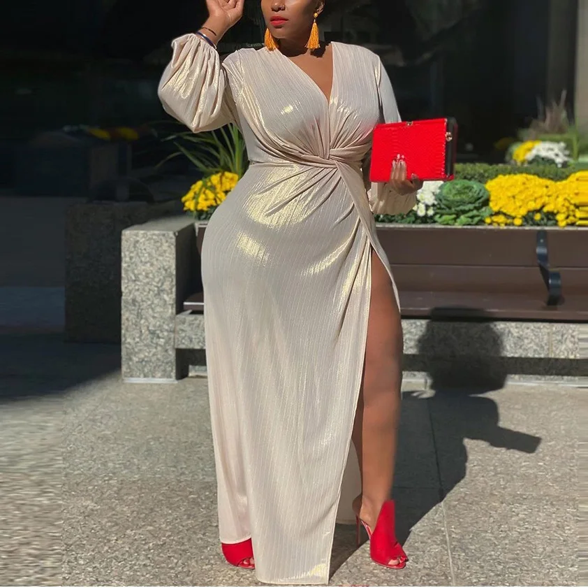 

4xl 5xl Plus Size Women Dresses Sexy Side Split Deep v Neck Long Sleeve Elegant Evening Party Night African Shiny Long Dresses