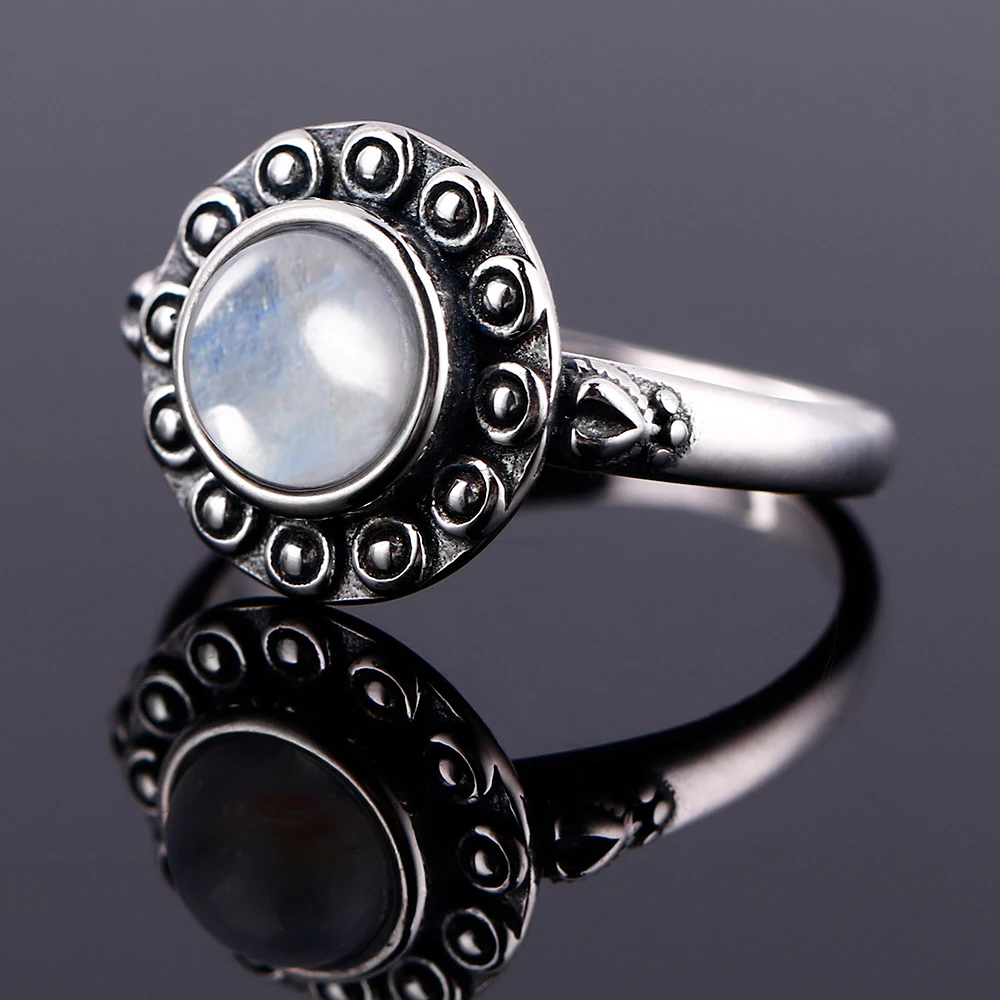 925 Silver Ring Round 7MM Natural Moonstone and Natural Purple Dragon Crystal Retro Heart Ring Engagement Wedding Party Gift