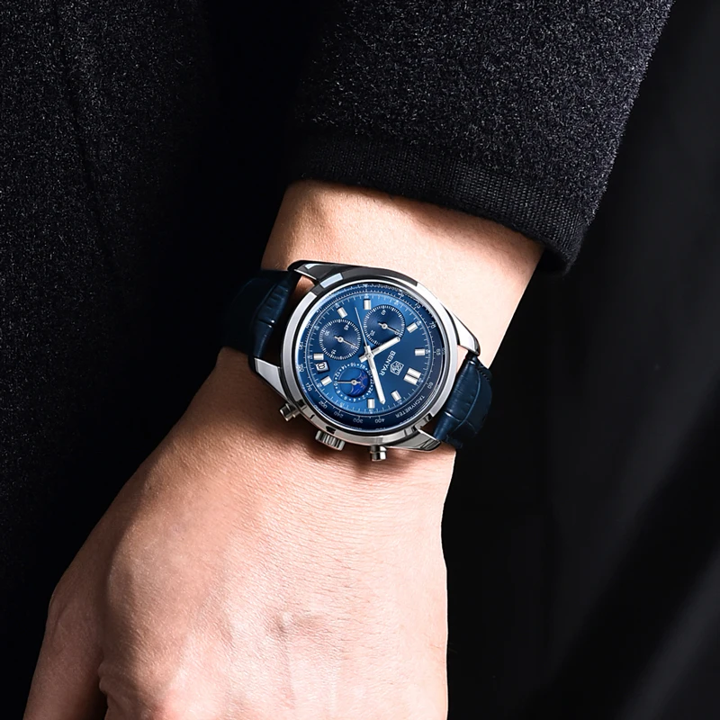 BENYAR Mens Watches Quartz Chronograph Casual Fashion Sport Moon Phase Leather Waterproof Luxury Watch For Men Relogio Masculino