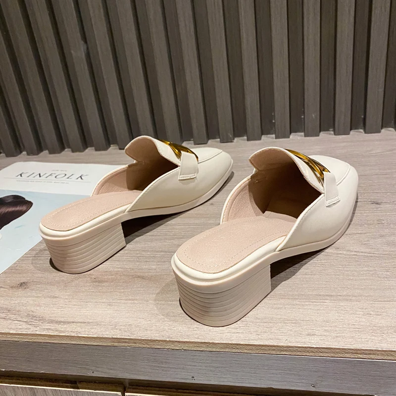 Spring Summer Shoes Female British Style Metal Mules Slippers
