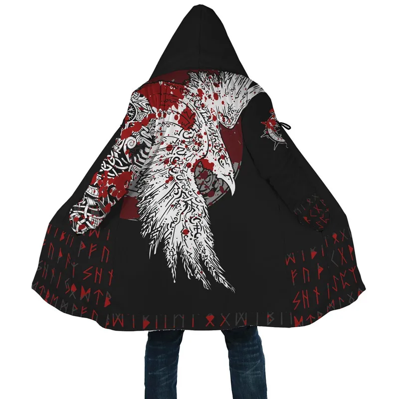 

Fashion Odin Viking style men's winter cloak tattoo 3D printing fleece hooded cloak unisex casual thick warm jacket cloak