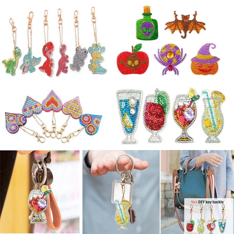 

5pcs/set Keychain DIY Full Drill Diamond Painting Cartoon Emotion Cute Animals Love Heart Key Ring Diamond Painting Cross Stitch