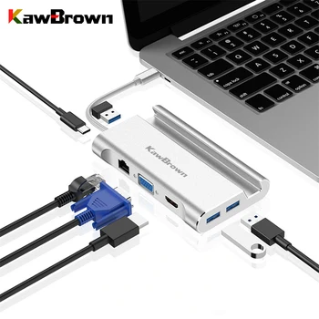 

KawBrown 7 in 1 USB Type C Hub USB-C Hub HDMI VGA Adapter Splitter Converter Bracket RJ45 Gigabit Dock Station