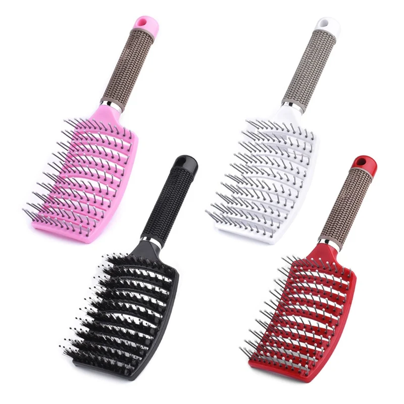 

4 Colors Hair Scalp Massage Comb Boar Bristles Curling Comb Wet Curly Detangle Hair Brush For Salon Hairdressing Styling Tools