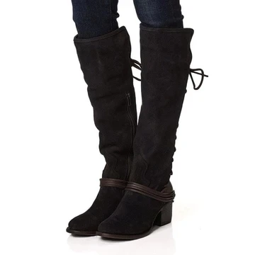MoneRffi/женские сапоги на шнуровке; Сезон Зима; винтажные кожаные сапоги для верховой езды; женские осенние сапоги до колена; Botas Mujer; повседневная обувь на низком каблуке - Цвет: Black