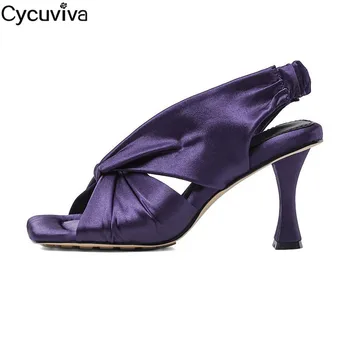 

Sexy Open Toe Silk Sandals Women Thin High Heels Summer Stiletto Shoes Women Slingback Mules Runway Dress Party Shoes Femme