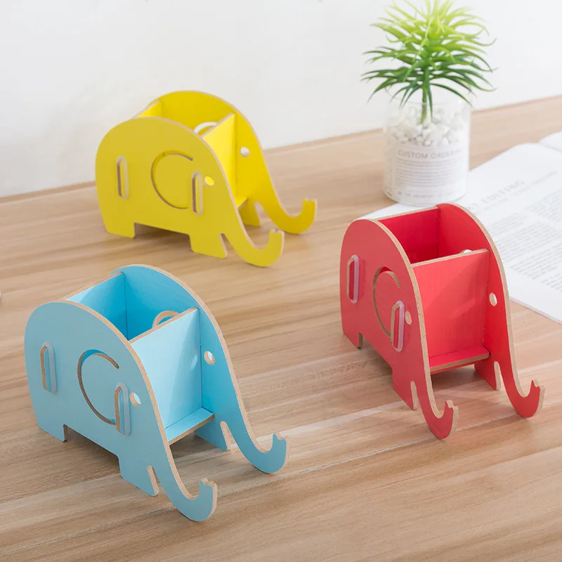 

1PCS Creative Multi-functional Mobile Phone Pen Holder Cartoon Cute Little Elephant Wooden Box Desktop Storage Office Supplies