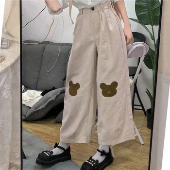 HOUZHOU-pantalones de pierna ancha estilo Harajuku Kawaii japonés para mujer, pantalón Delgado holgado Vintage de oso suave 1