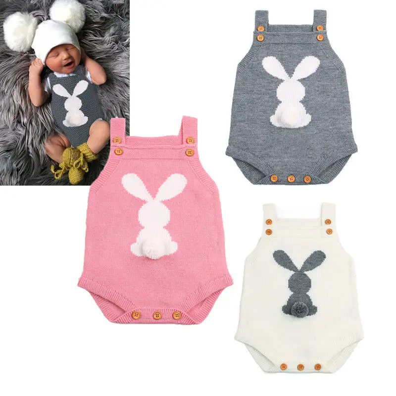 

2021 Summer Toddler Baby Girl Clothes Sleeveless Bunny Knitting Wool Pom Pom Romper Jumpsuit Outfits Cotton Clothing