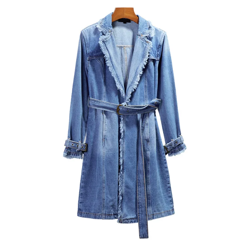 Coat Новинка, весенне-осенние джинсовые пальто для женщин, длинный рукав, пояс, средняя длина, джинсовая куртка, пальто и джинсы, Женский Тонкий джинсовый костюм из двух частей - Цвет: Coat