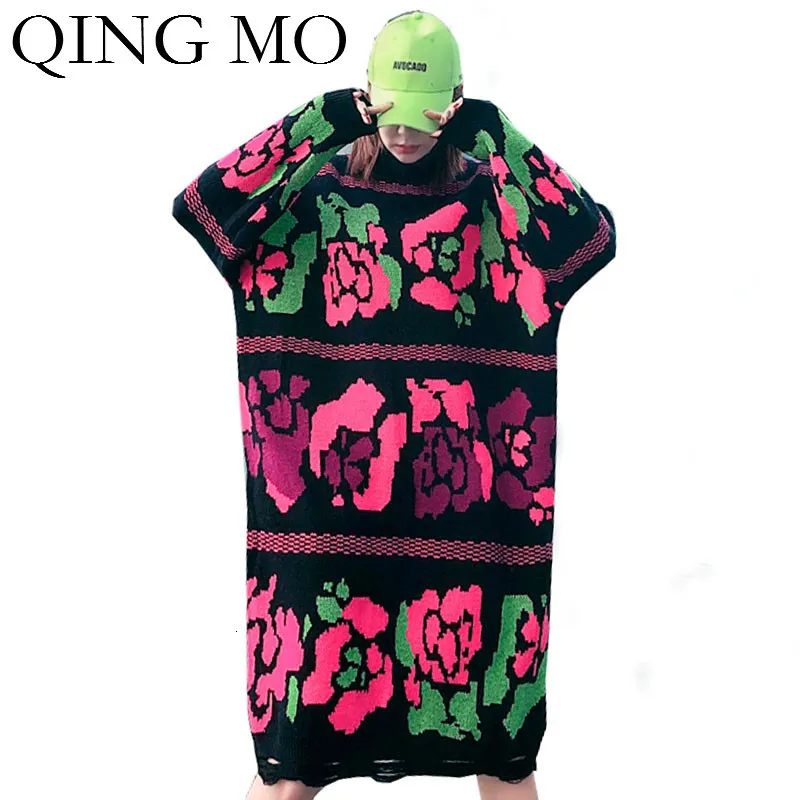 QING MO зимнее женское платье с цветочным принтом женское вязаное платье-свитер большого размера женское элегантное платье ZQY2510