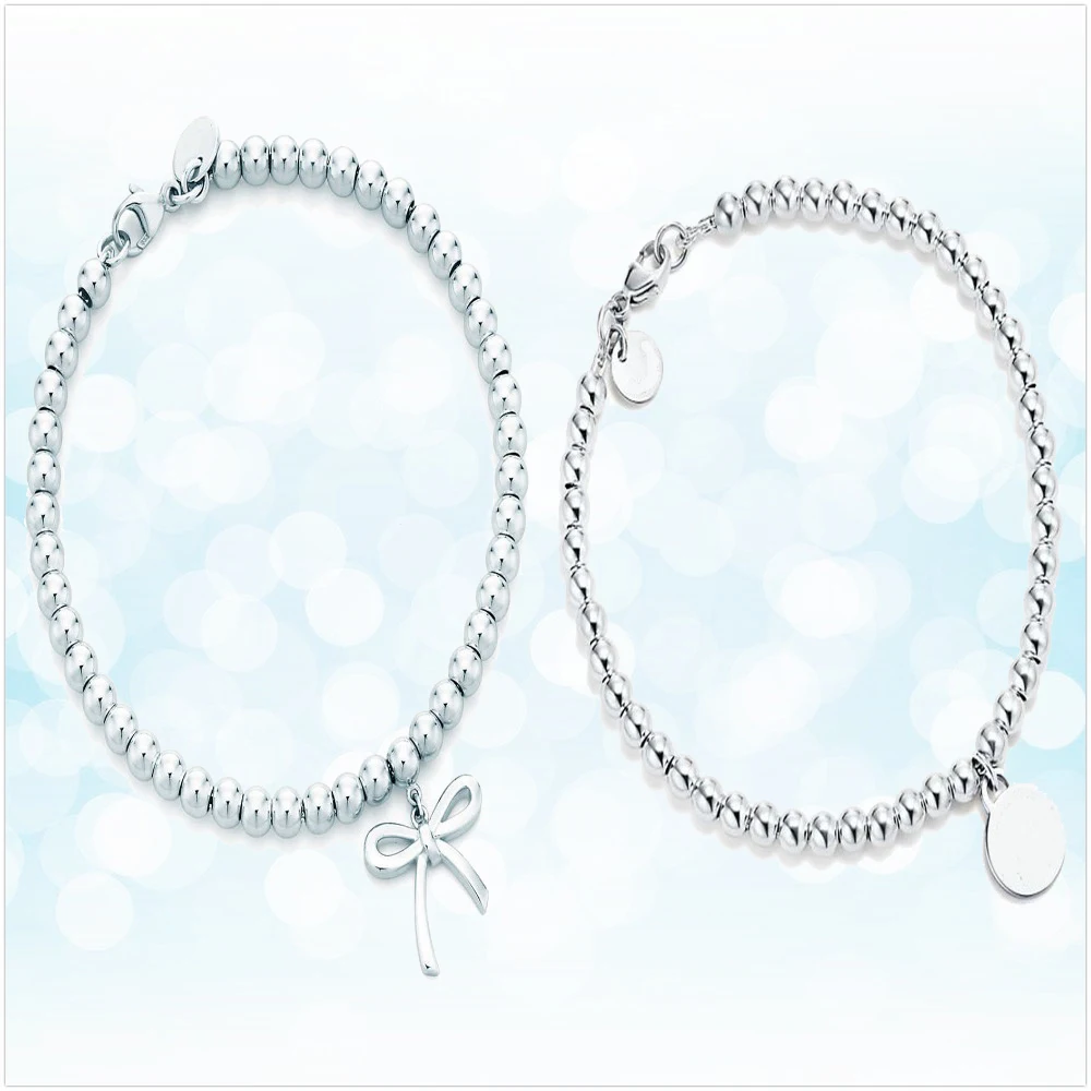 

Sterling silver 925 classic popular original fashion bow lady 4mm bead bracelet jewelry holiday gift