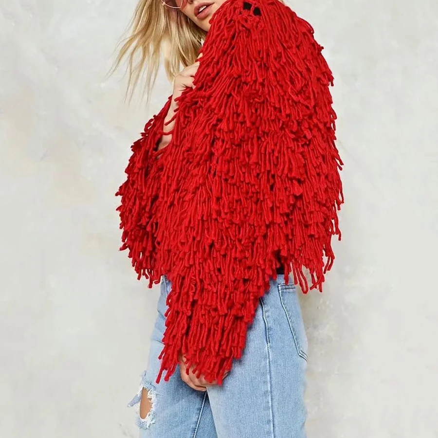 

2019 Solid Women Sweater Loose V-neck Tassel Hollow Out Cardigan Knitting Sweater New Design Personality Fashion Sweater