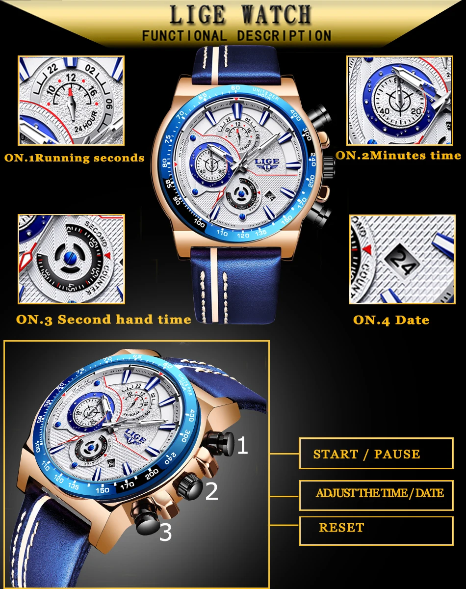 Мужские часы LIGE, синие наручные часы, мужские часы, Топ бренд, роскошные кожаные спортивные кварцевые часы, мужские водонепроницаемые часы с хронографом