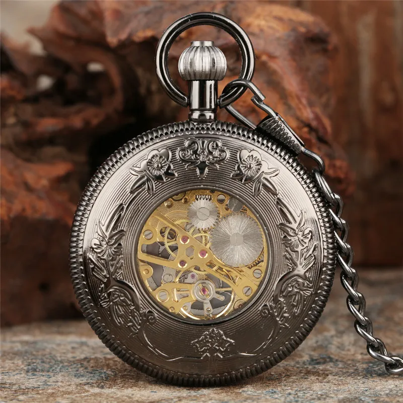 Mens Vintage Mechanical Pocket Watch Steampunk Hand Winding Skeleton Clock Roman Numeral Dial Half Hunter Pendant Chain Gift