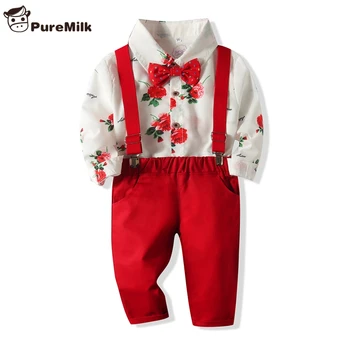 

PureMilk Red Shirt With Bowtie And Casual Pant Clothing Set Flowers Printed Boys Clothes