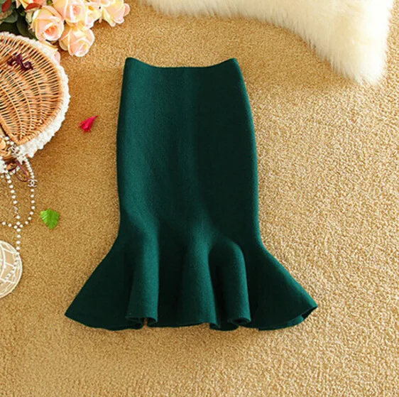 Зимние женские трикотажные юбки комплект из модных женских оборками юбки «Русалочий хвост» для леди Юбки До Колена - Цвет: Зеленый