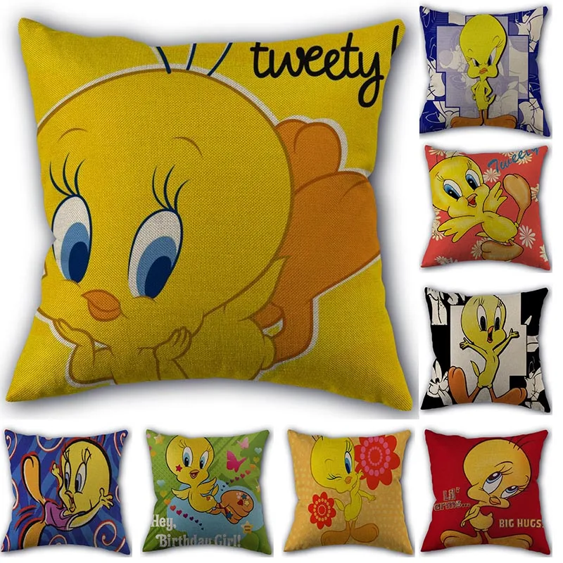 

NEW HOT Custom Tweety Pillowcase Cotton Linen Fabric Home Textile Square Pillowcase 45X45cm Wedding Decorative Pillow Cover