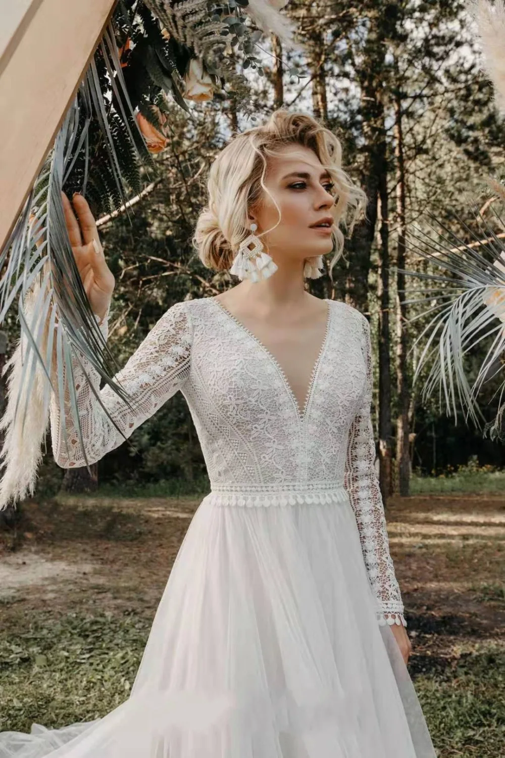 Vestido De Noiva богемный с длинными рукавами свадебное платье Кружева V шеи пляж сексуальный тюлевый с открытой спиной Элегантные Свадебные платья